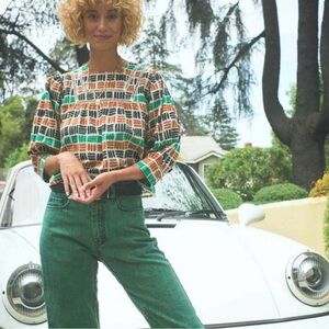 The Odells Kylie‎ Top Women's Medium Multicolored Hashmark Cotton Linen Blouse